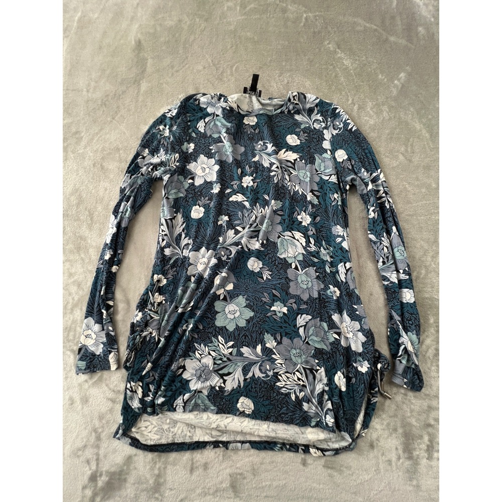 Jones New York Tunic Top Women Small Blue Floral Long Sleeve Side Lace Up